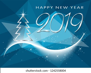 Happy New Year 2019 winter holiday greeting card with Christmas tree