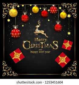 Happy New Year 2019 winter holiday greeting card design template. Party poster, banner for invitation gold glitter stars confetti glitter decoration. Vector background with golden text, with a gold de