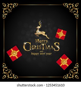 Happy New Year 2019 winter holiday greeting card design template. Party poster, banner for invitation gold glitter stars confetti glitter decoration. Vector background with golden text, with a gold de