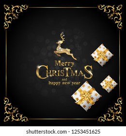 Happy New Year 2019 winter holiday greeting card design template. Party poster, banner for invitation gold glitter stars confetti glitter decoration. Vector background with golden text, with a gold de