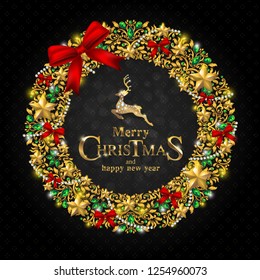 Happy New Year 2019 winter holiday greeting card design template. Party poster, banner for invitation gold glitter stars confetti glitter decoration. Vector background with golden text