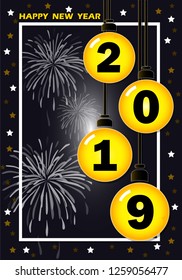 Happy New Year 2019 winter holiday greeting card design template. Party poster,
banner or invitation gold glittering stars confetti glitter decoration. Vector background with golden gift bow