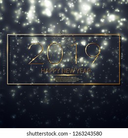 Happy New Year 2019 winter holiday greeting card design template. Party poster, banner or invitation gold glittering stars confetti glitter decoration. Vector background with golden gift bow