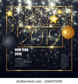 Happy New Year 2019 winter holiday greeting card design template. Party poster, banner or invitation gold glittering stars confetti glitter decoration. Vector background with golden gift bow