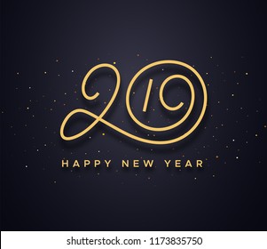 Happy New Year 2019 wishes typography text and gold confetti on luxury black background. Premium vector illustration with lettering for winter holidays