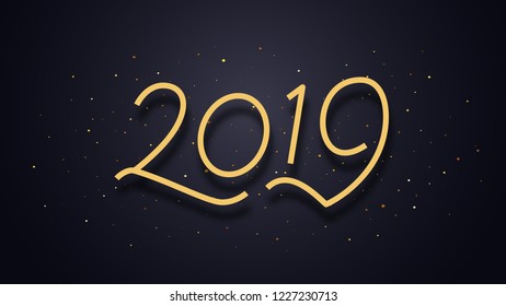 Happy New Year 2019 wishes typography text and gold confetti on luxury black background. Premium vector illustration with lettering for winter holidays