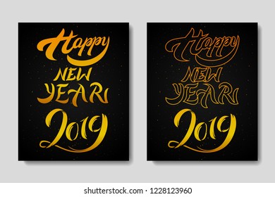 Happy New Year 2019 wishes typography text and gold confetti on luxury black background. Premium vector illustration with lettering for winter holidays.