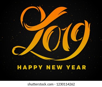 Happy New Year 2019 wishes typography text and gold confetti on luxury black background. Premium vector illustration with lettering for winter holidays.