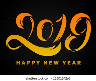 Happy New Year 2019 wishes typography text and gold confetti on luxury black background. Premium vector illustration with lettering for winter holidays.