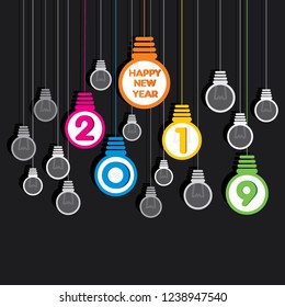 Happy New Year 2019 written on colorful bulb background design