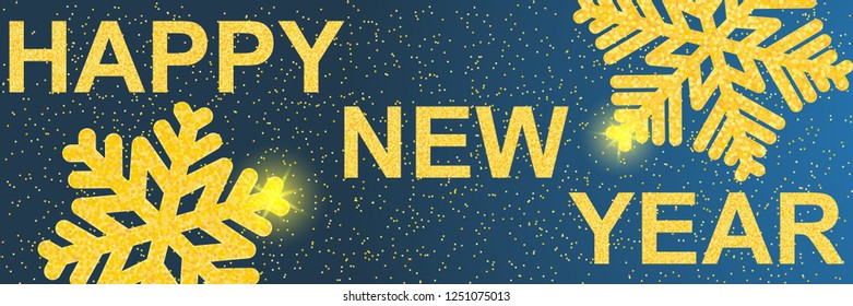 Happy New Year 2019. Xmas. The text and snowflakes with gold glitter. Vector illustration.