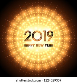 happy new year 2019 in yellow fireworks explode and black color background 