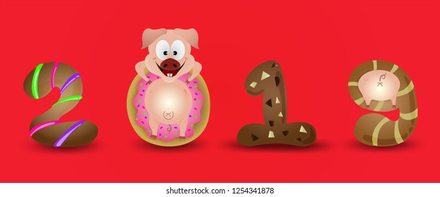 Happy New Year 2019 zodiac pig sign characters with simple background red color , cute cartoon illustrator.