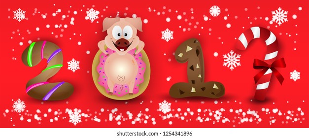 Happy New Year 2019 zodiac pig sign characters with snowflakes cute cartoon illustrator.