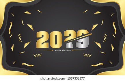 Happy New Year 2019&2020 color gold Text Design on the black background.
