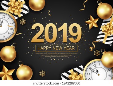 Happy New Year 2019.Black background with gold glitter confetti splatter texture. vector illustration