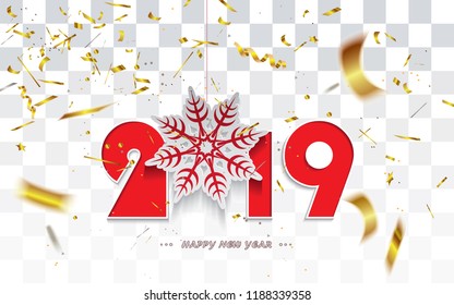 Happy New Year 2019,Christmas card with snowflake and golden transparent confetti isolated on a checkered background