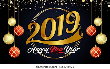 Happy new year 2019.Gold number.modern template design.particles background.vector illustration