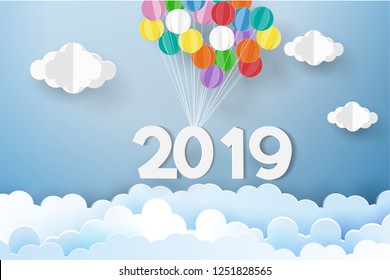 Happy new year 2019-Greeting card cover design template with colorful balloon float over sky ,Paper art style.