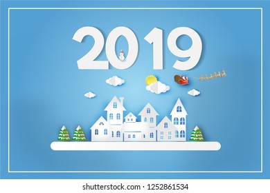 Happy new year 2019-Greeting card cover design template with paper house on blue sky,Paper art style.