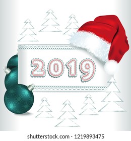 Happy New Year 2019.Merry Christmas card with Santa Claus Cap on a white background and Christmas balls. Vector Illustration