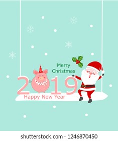 Happy New Year 2019,Santa Claus ,Cute Pig,Snow flakes,Merry Christmas.
