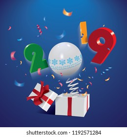 Happy New Year 2019,surprising box with year and colorful confetti jumping out like a jack in the box isolated on the blue background