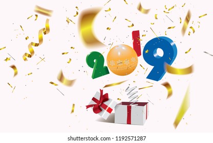 Happy New Year 2019,surprising box with a text and golden defocused confetti jumping out like a jack in the box