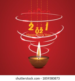 Happy New Year 202. The writing happy new year 2021 appears from the wick of the fire, on a red background.