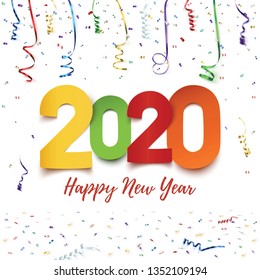 Happy New Year 2020. Abstract design with colorful ribbons and confetti. Greeting card or poster template on white. Vector illustration.