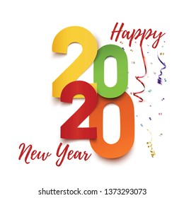 Happy New Year 2020. Abstract colorful typographic design with ribbons and confetti. Greeting card or poster template on white. Vector illustration.