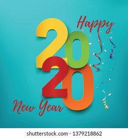 Happy New Year 2020. Abstract colorful typographic design with ribbons and confetti. Greeting card or poster template. Vector illustration.