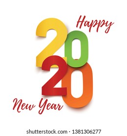 Happy New Year 2020. Abstract colorful typographic design. Greeting card or poster template on white. Vector illustration.