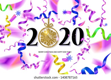 Happy New Year 2020. Abstract design with colorful ribbons and confetti. Greeting card or poster template. Vector illustration.
