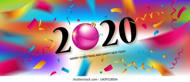 Happy New Year 2020. Abstract design with colorful ribbons and confetti. Greeting card or poster template. Vector illustration.