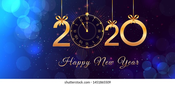 Happy New Year 2020 abstract blue background with bokeh effect, text design with hanging golden numbers, ribbon bows and gold clock with beams of light. Magic holiday banner, poster, greeting card
