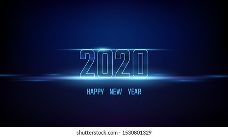 Happy new year 2020 in abstract technology shiny light on dark blue color background