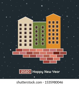 Happy New Year 2020 Abstract Card With Buildings, Bricks, Snowflakes