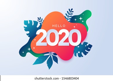 Happy new year 2020 abstract sign with tropical elements. Colorful 2020 banner in paper cut style. Geometric background with tropic leaves. Promo badge for your seasonal design.Vector illustration.