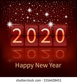 Happy new year 2020. Abstract background shining and clock with reflection. Poster, template. Vector illustration.