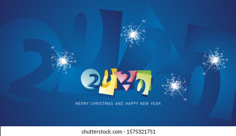 Happy New Year 2020 abstract design negative space numbers sparkle firework colorful blue background