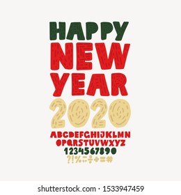 Happy new year 2020 - alphabet and numbers. Set of vector symbols. Lettering and Custom Typography for Designs: Logo, for Poster, Invitation, etc.