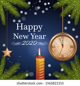 Happy New Year. New Year 2020. Antique gold watch shows five minutes to midnight. Vector illustration