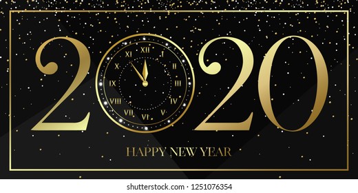 Happy New Year 2020 background with gold clock