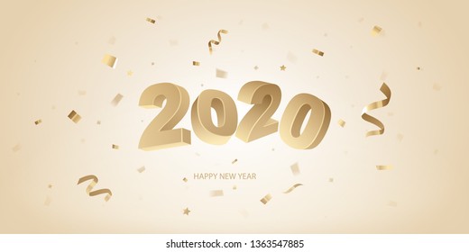 Happy New Year 2020 background. Golden 3D numbers and confetti on a bright background.