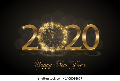 Happy New Year 2020. Background with golden sparkling texture. Gold Numbers 20, 2, 0, 02 with golden clock.. Vector Illustration for holiday greeting card, invitation, calendar poster banner