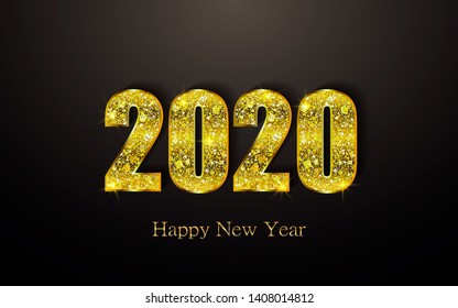 Happy New Year 2020. Background with golden sparkling texture. Gold Numbers 20, 2, 0, 02. Light effect. Vector Illustration for holiday greeting card, invitation, calendar poster banner