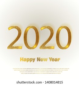 Happy New Year 2020. Background with golden sparkling texture. Gold Numbers 20, 2, 0, 02. Light effect. Vector Illustration for holiday greeting card, invitation, calendar poster banner