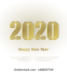 Happy New Year 2020. Background with golden sparkling texture. Gold Numbers 20, 2, 0, 02. Light effect. Vector Illustration for holiday greeting card, invitation, calendar poster banner
