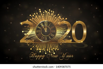 Happy New Year 2020. Background with golden sparkling texture. Gold Numbers 20, 2, 0, 02 with golden clock.. Vector Illustration for holiday greeting card, invitation, calendar poster banner